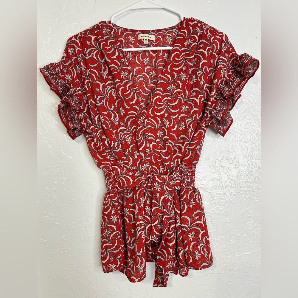Max Studio Red Print Short-Sleeve Blouse, peplum,floral, fairycore - Picture 2 of 5